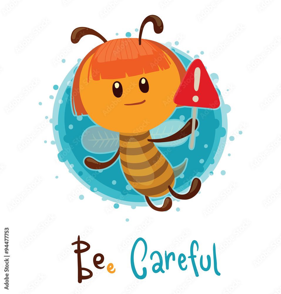 Vector BEe Careful. Cartoon image of a funny bee girl with red hair and