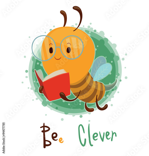 Vector BEe Clever. Cartoon image of a funny clever bee boy with a ped book on a white green background. The text is written in the curves. A kind of play on words.