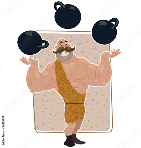 Vector retro athlete juggles kettlebells. Cartoon image of a retro athlete, with brown mustache in a yellow shorts and a t-shirt juggles black kettlebells on a mottled beige background.
