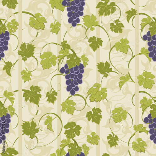 Seamless texture with vines and bunches of grapes.