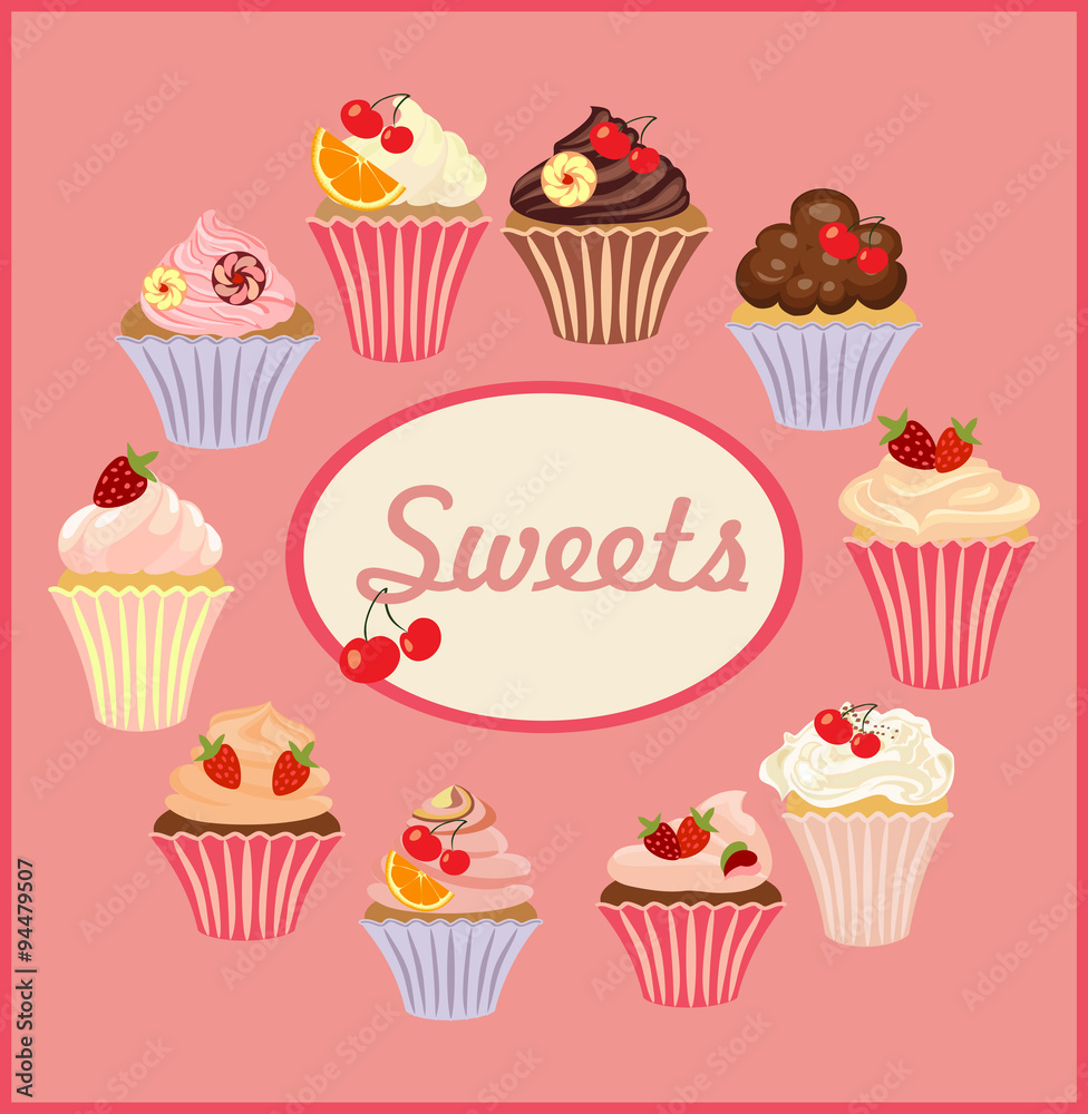 Vector set of cakes and cupcakes. Vector set of cakes and cupcakes.