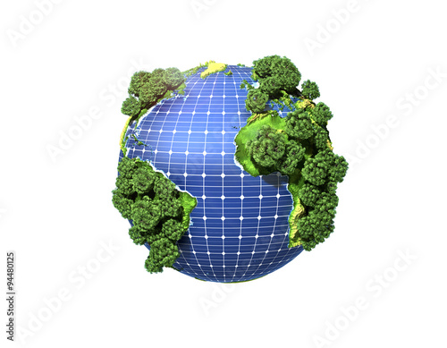 Fototapeta Naklejka Na Ścianę i Meble -  Concept of green solar energy. Green planet earth with trees and