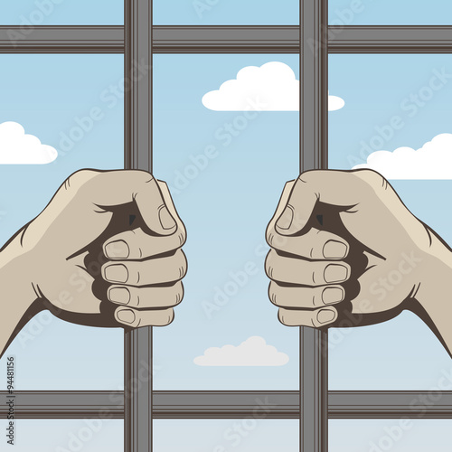Hands person behind bars. Human hands gripping the bars in vector graphics. 
