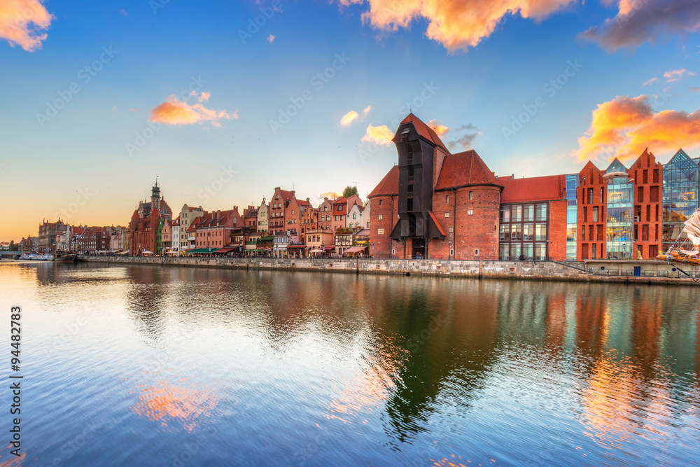 Old town of Gdansk with ancient crane at sunset, Poland
