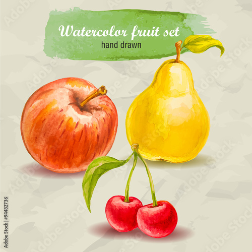 Vector watercolor hand drawn fruit set on paper with watercolor drops. Organic food illustration.Red apple, pear and cherry