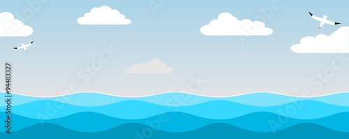 The sea and the birds of the sky. Landscape with blue sky and sea waves birds vector.