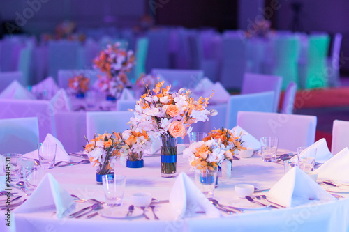 Elegant banquet table prepared for conference or party and decor