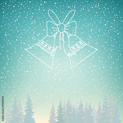 Snowfall and Holiday Crystal Glass Jingle Bells , Snow Falls on the Spruce, Snowfall in the Forest, Fir Trees in Winter in Snowfall, Winter  Background, Christmas Winter Landscape in Turquoise Shades