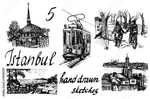 set of 5 hand-drawn  ink  sketch vector illustrations of Istanbul