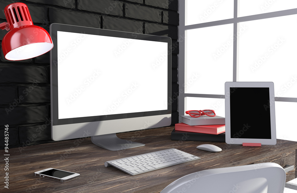 Fototapeta premium 3D illustration PC screen on table in office, Workspace