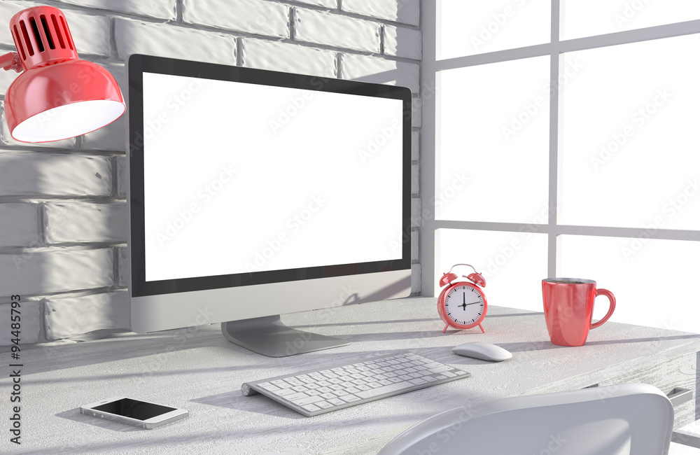 Fototapeta premium 3D illustration PC screen on table in office, Workspace