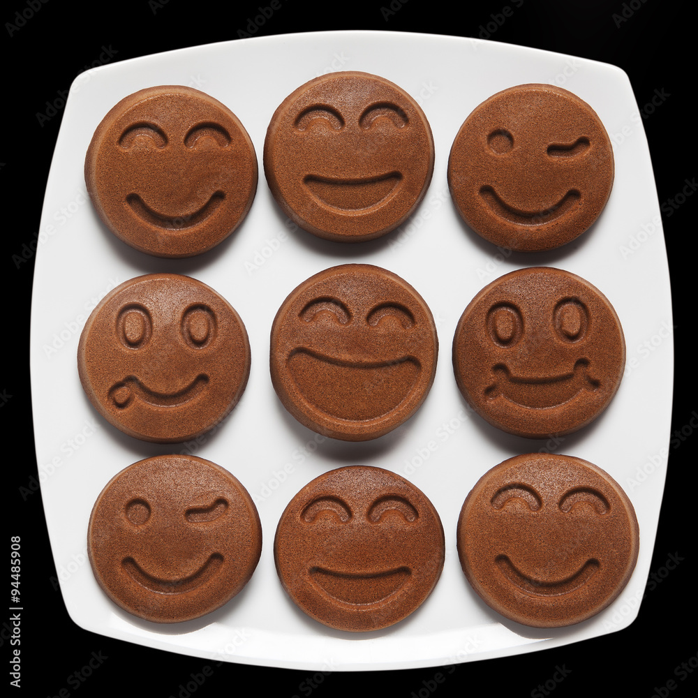 Happy Food. Smiling chocolate Pancakes. Concept of Funny Breakfa Happy Food. Smiling chocolate Pancakes. Concept of Funny Breakfa