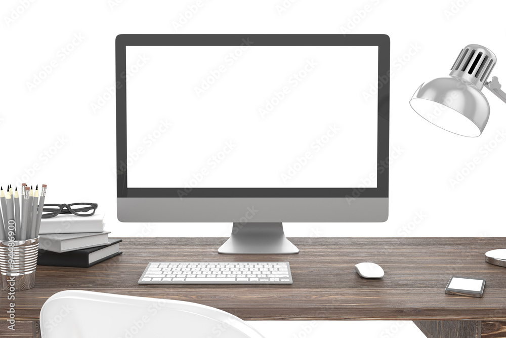 Fototapeta premium 3D illustration PC screen on table in office, Workspace