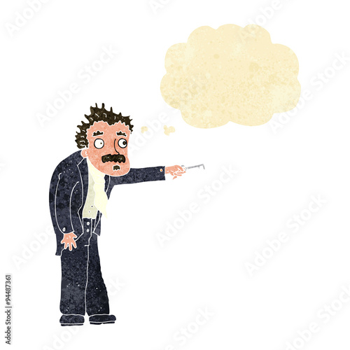 cartoon man trembling with key unlocking with thought bubble