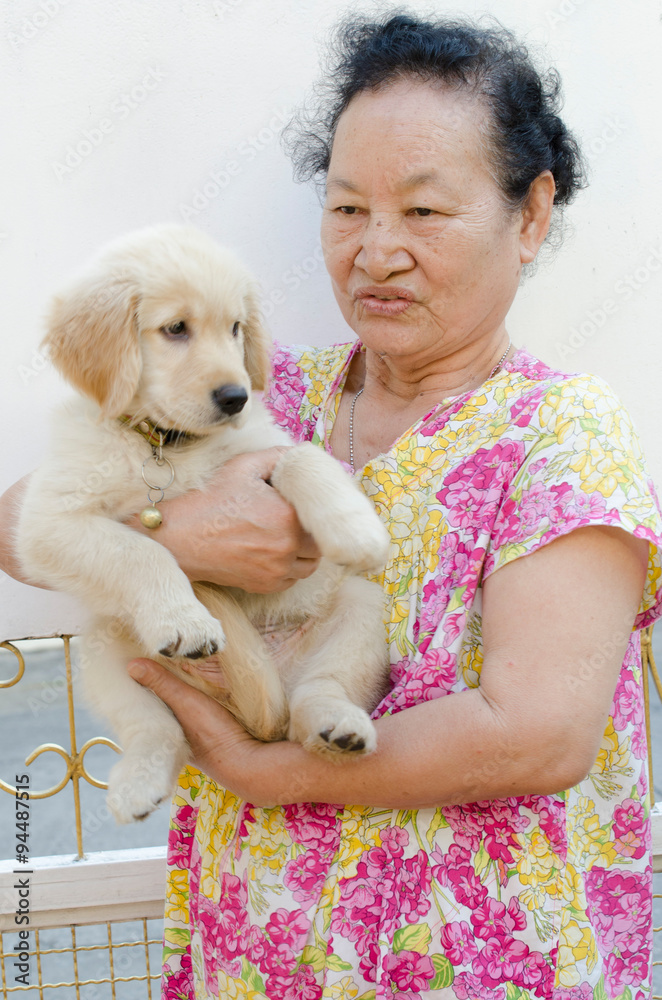 asian elderly and puppy asian elderly and puppy