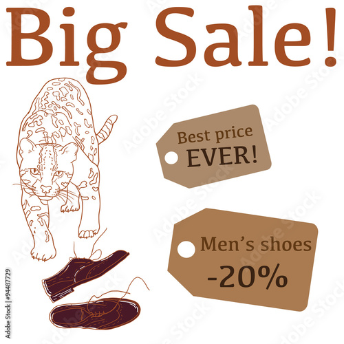 Big Sale illustration with jaguar, mens shoes and labels