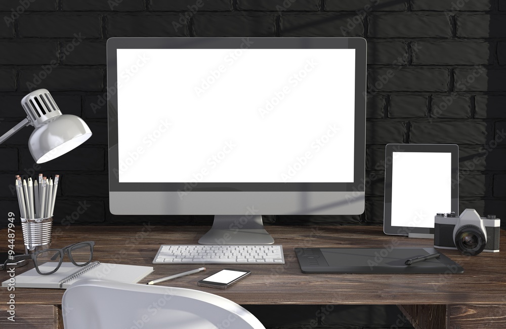 3D illustration PC screen on table in office, Workspace 3D illustration PC screen on table in office, Workspace