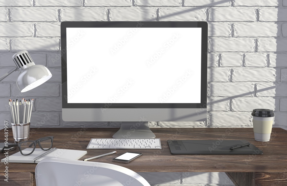 3D illustration PC screen on table in office, Workspace 3D illustration PC screen on table in office, Workspace