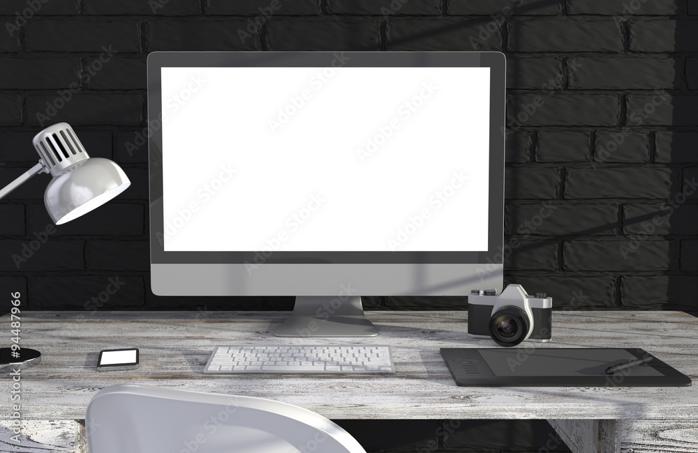 Fototapeta premium 3D illustration PC screen on table in office, Workspace