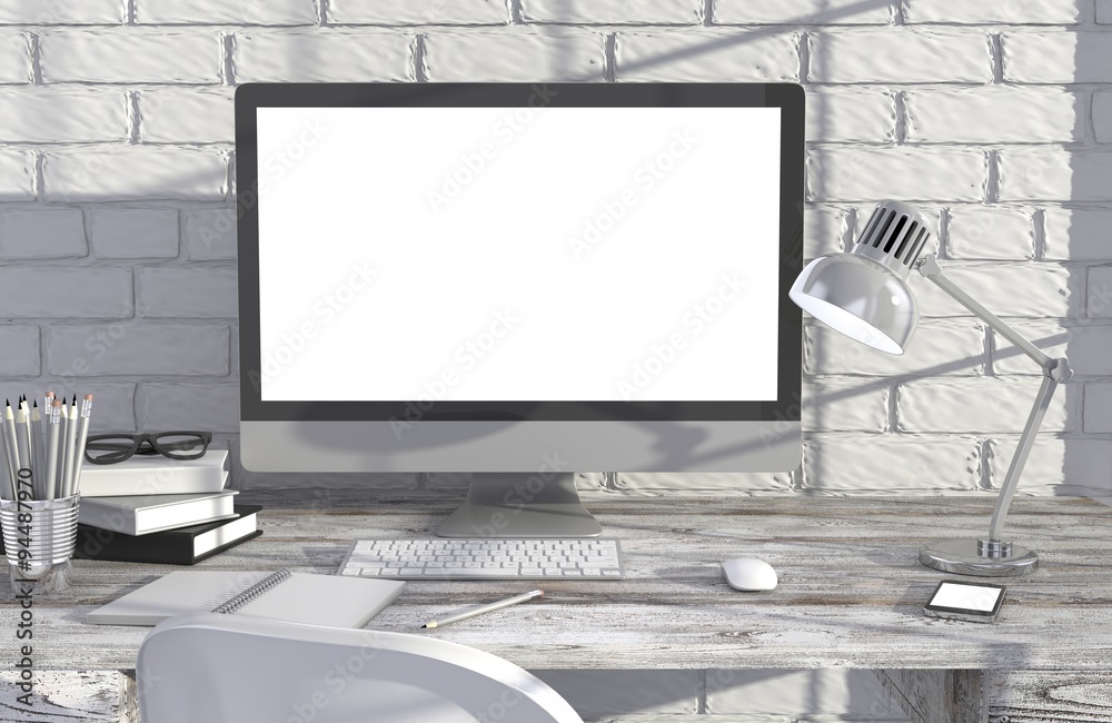 Fototapeta premium 3D illustration PC screen on table in office, Workspace