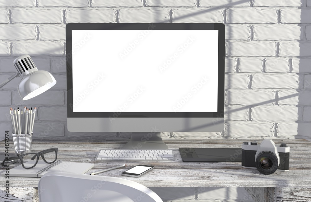 Fototapeta premium 3D illustration PC screen on table in office, Workspace