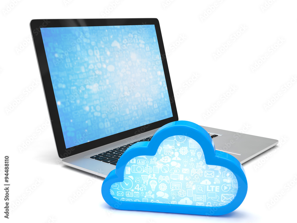 Laptop with cloud computing symbol. 3d render Laptop with cloud computing symbol. 3d render