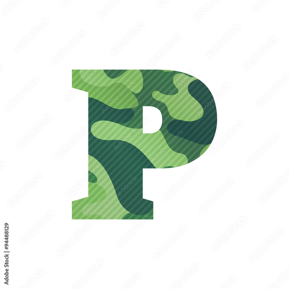 P letter with green camouflage. P letter with green camouflage.