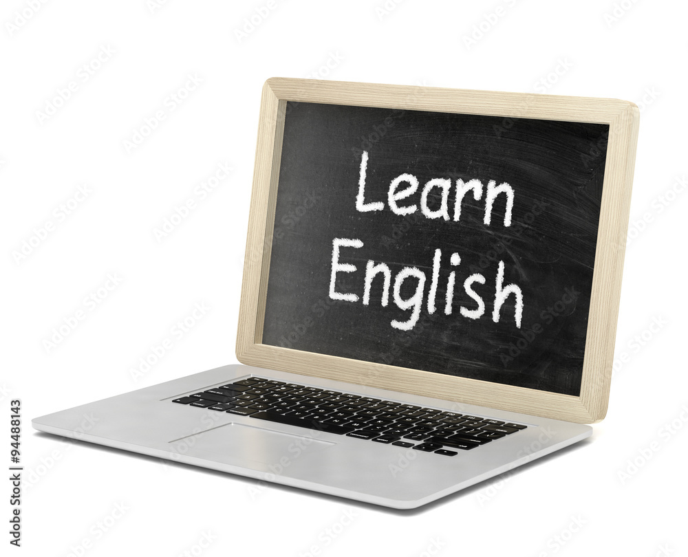  Laptop with chalkboard, learn english, online education concept