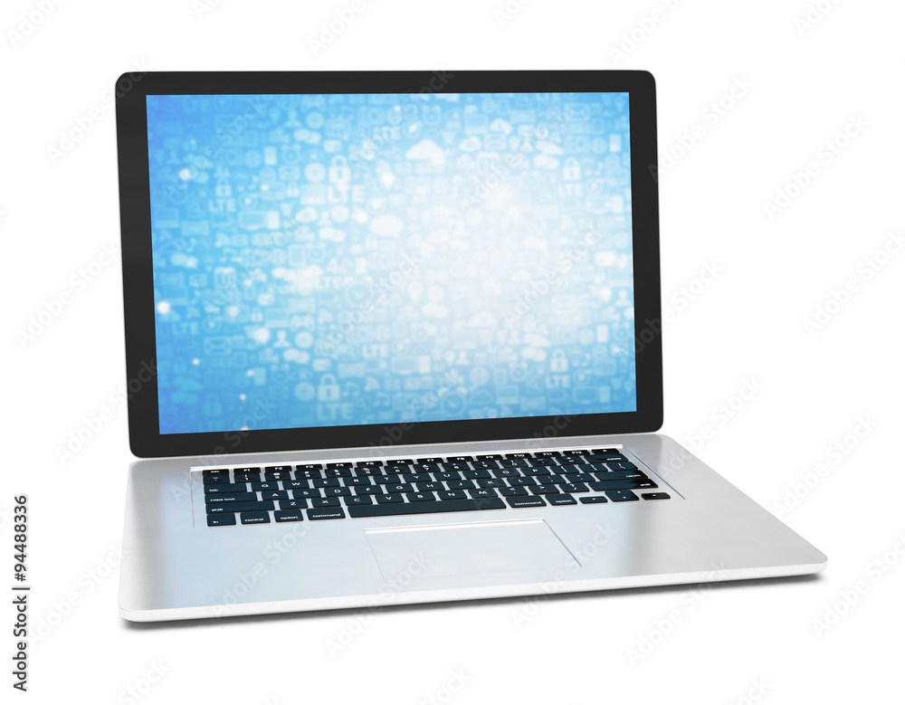 3d rendering of a laptop with blue wallpaper with app icon 3d rendering of a laptop with blue wallpaper with app icon