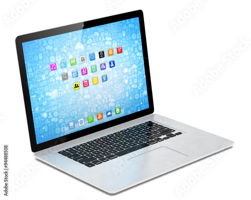 3d rendering of a laptop with blue wallpaper with app icon