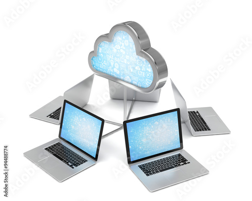 3d cloud symbol and laptops