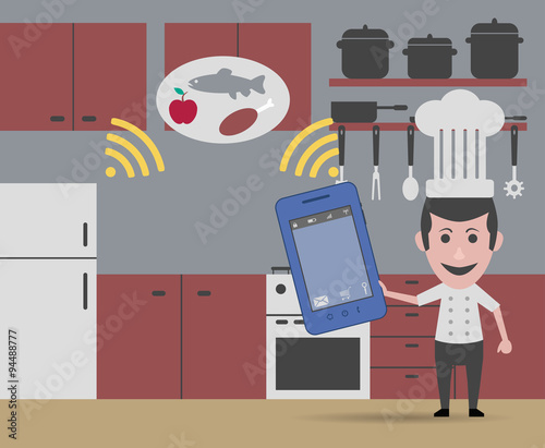 chef getting message on the smartphone the refrigerator
