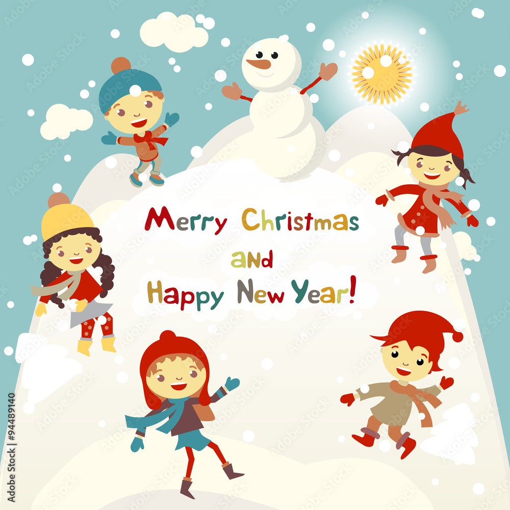 Shiny vector christmas background with funny snowman and children. Happy new year postcard design with boy and girl enjoying the holiday. Winter snow with bokeh effect. 2016 card Shiny vector christmas background with funny snowman and children. Happy new year postcard design with boy and girl enjoying the holiday. Winter snow with bokeh effect. 2016 card
