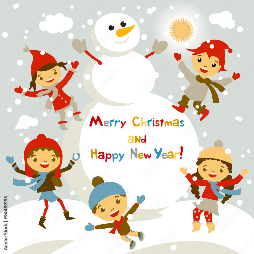Shiny vector christmas background with funny snowman and children. Happy new year postcard design with boy and girl enjoying the holiday. Winter snow with bokeh effect. 2016 card Shiny vector christmas background with funny snowman and children. Happy new year postcard design with boy and girl enjoying the holiday. Winter snow with bokeh effect. 2016 card