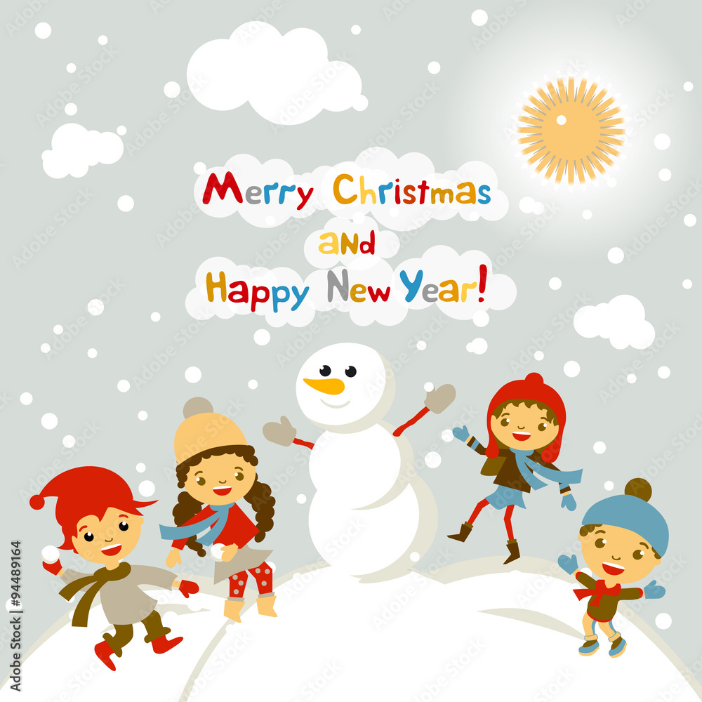 Shiny vector christmas background with funny snowman and children. Happy new year postcard design with boy and girl enjoying the holiday. Winter snow with bokeh effect. 2016 card Shiny vector christmas background with funny snowman and children. Happy new year postcard design with boy and girl enjoying the holiday. Winter snow with bokeh effect. 2016 card