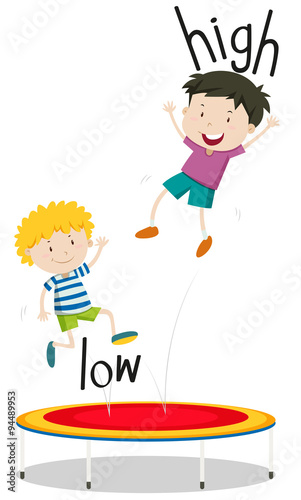 Two boys jumping on trampoline low and high