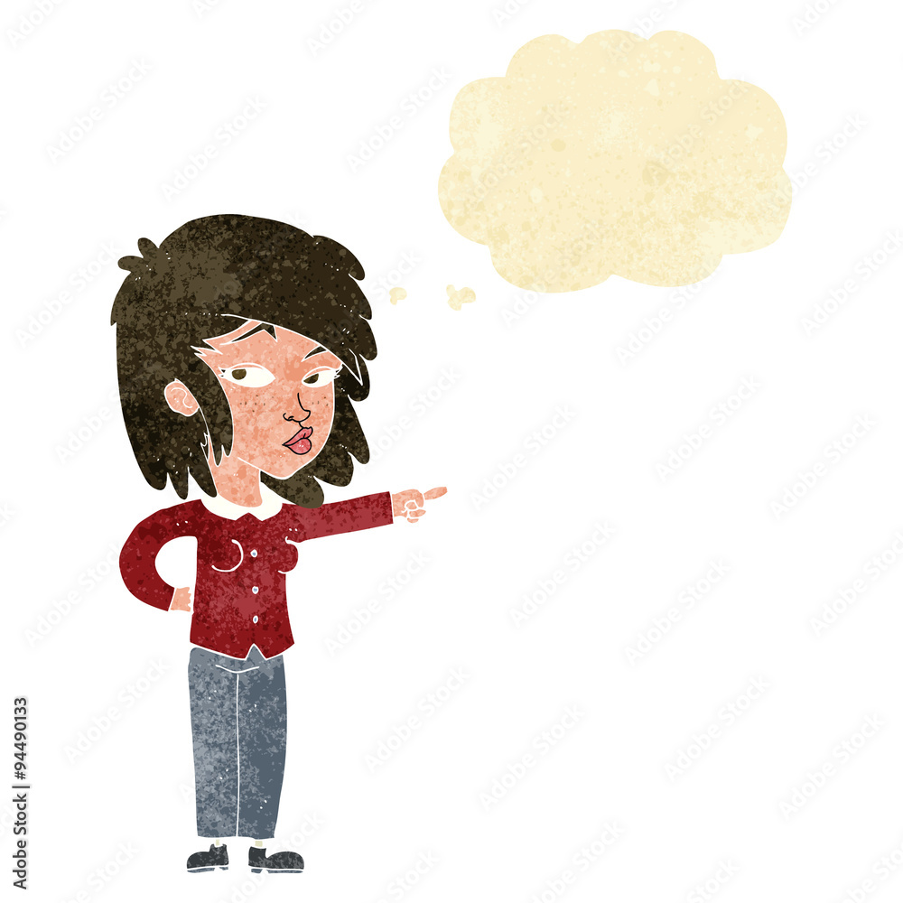 cartoon woman pointing with thought bubble cartoon woman pointing with thought bubble
