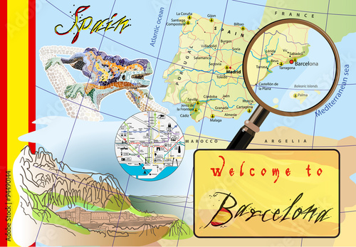 Welcome to Barcelona. Attractions on map. Vector