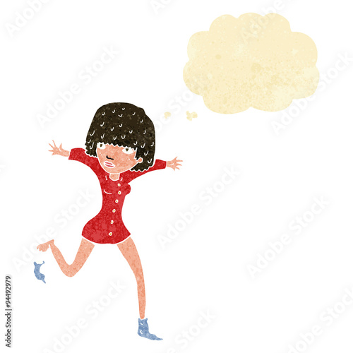 cartoon woman kicking off sock with thought bubble