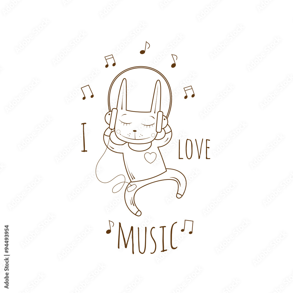 Children's postcard with cartoon little rabbit  listening to music in earphones. Vector image.