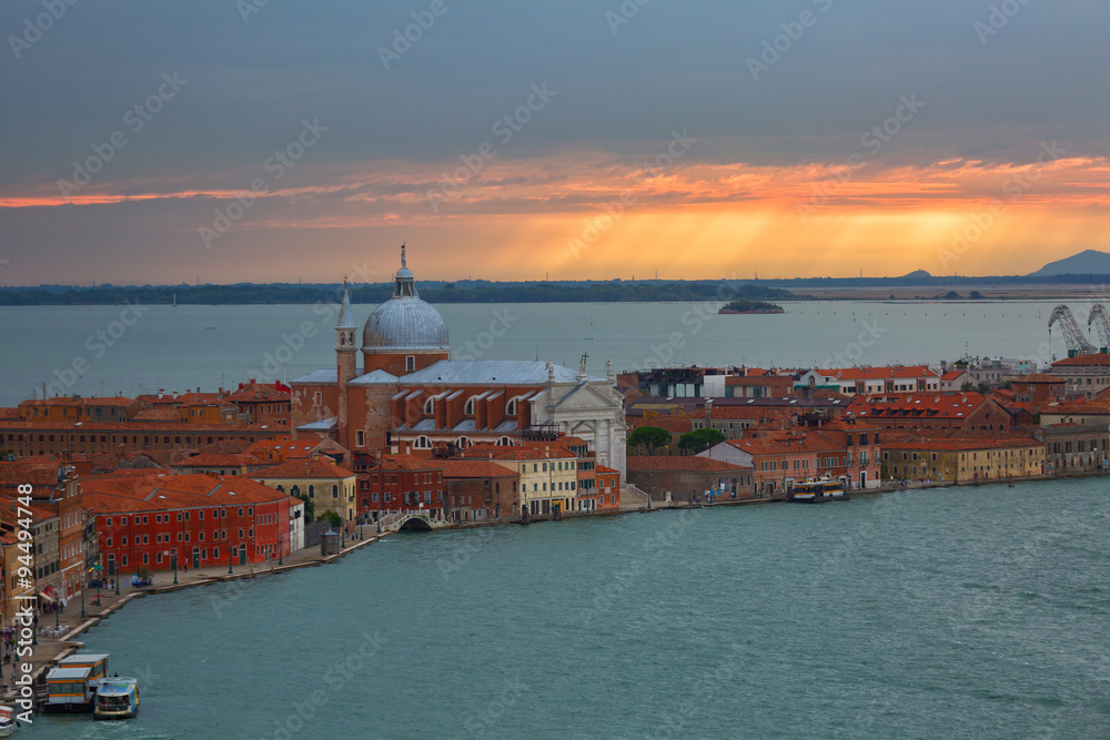 View from San Giorgio Maggiore belltower on Giudecca island on a sunset, Venice, Italy