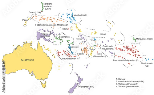 Ozeanien Karte - Farbe  einzeln mit Beschriftung 