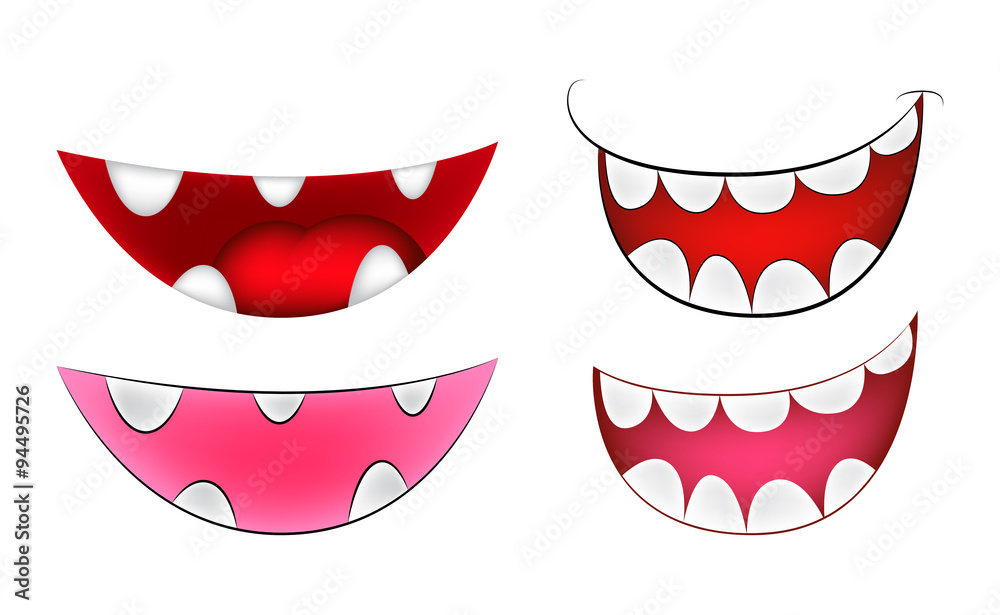 Cartoon smile, mouth, lips with teeth set. vector mesh illustration isolated on white background