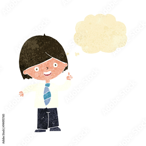 cartoon school boy answering question with thought bubble