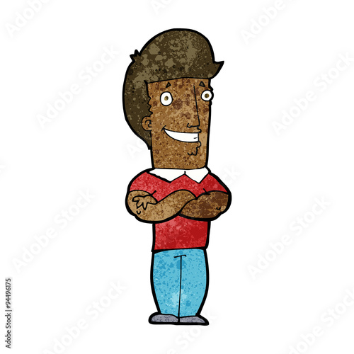 cartoon man with folded arms grinning