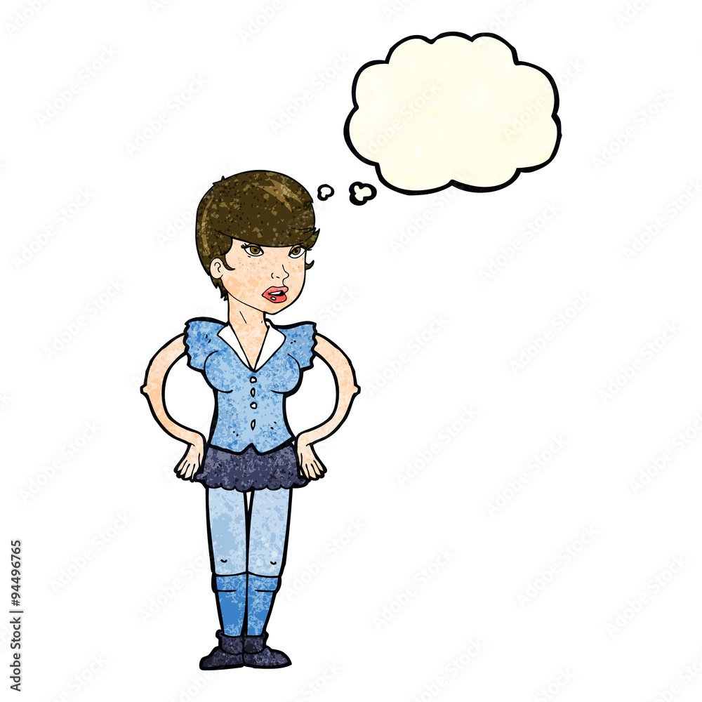 cartoon woman with hands on hips with thought bubble cartoon woman with hands on hips with thought bubble