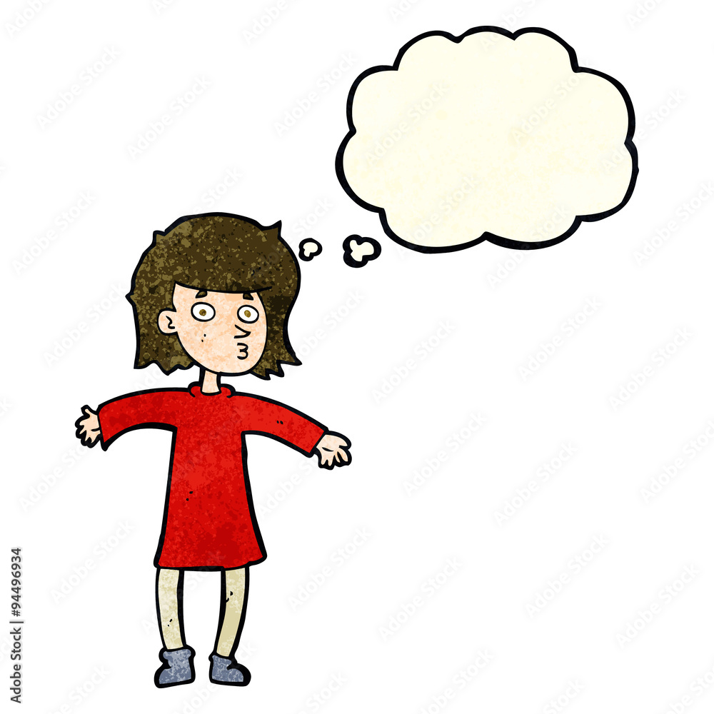 cartoon nervous woman with thought bubble