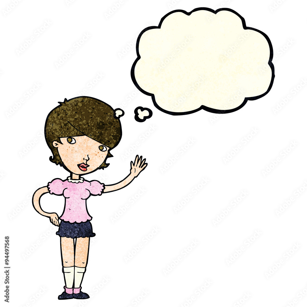 cartoon girl waving with thought bubble cartoon girl waving with thought bubble
