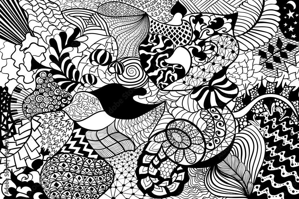 Floral hand drawn zentangle, ethnic pattern. Black and white abstract ...