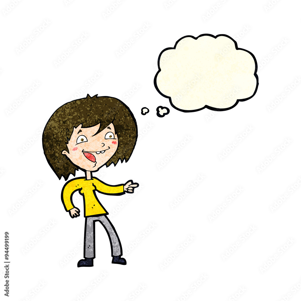 cartoon woman laughing and pointing with thought bubble cartoon woman laughing and pointing with thought bubble